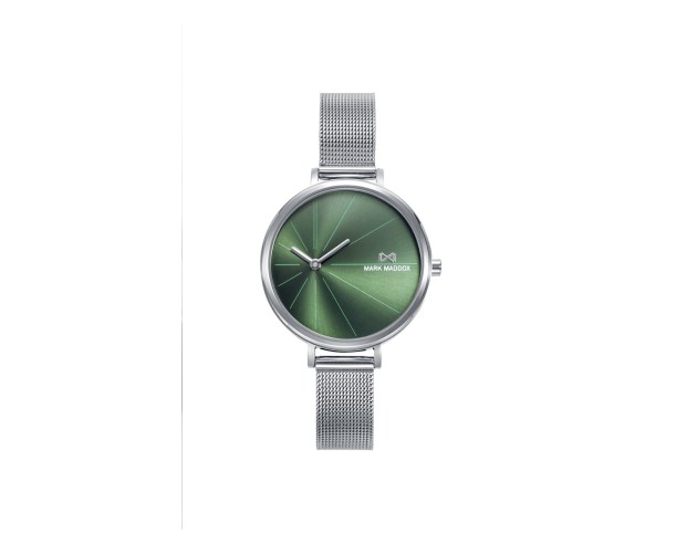 Reloj informal de Mujer Mark Maddox Alfama, dos agujas, caja y malla milanesa de acero, esfera verde y agujas en color plata.
