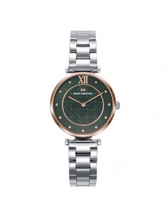 Reloj informal de Mujer Mark Maddox Shibuya, dos agujas, caja y brazalete de acero con bisel en Ip rosa, esfera verde con índic