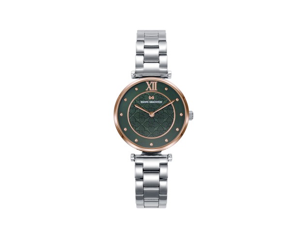 Reloj informal de Mujer Mark Maddox Shibuya, dos agujas, caja y brazalete de acero con bisel en Ip rosa, esfera verde con índic