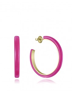 Preciosos pendientes de acero dorado y rosa acrílico para mujer. Un complemento protagonista, que concentre todas las miradas. 