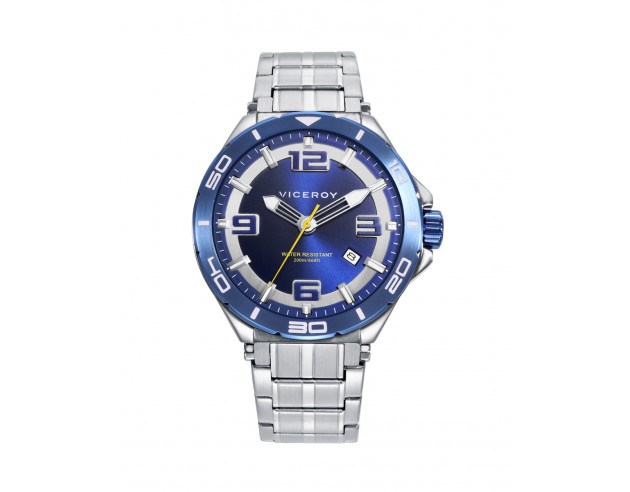 La esfera azul de este reloj para hombre, adornada con índices y números árabes, se complementa con agujas de horas en color pl