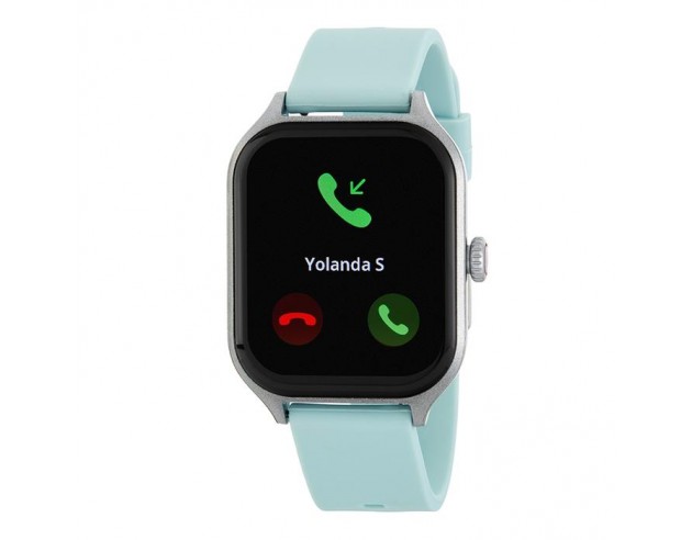 SmartWatch Marea para mujer fabricado en acero inoxidable plateado y caucho en color turquesa. Cuenta con caja rectangular de 1