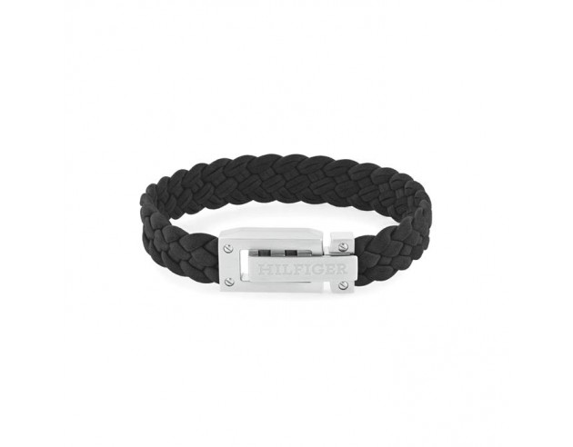 Pulsera Tommy Hilfiger para hombre fabricada en cuero negro trenzado con cierre en acero inoxidable desplegable y ajustable a 3