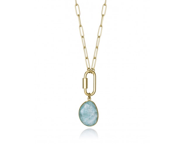 Elegante collar de mujer de acero con acabado IP dorado, decorado con un colgante de piedra natural amazonita. Con una longitud