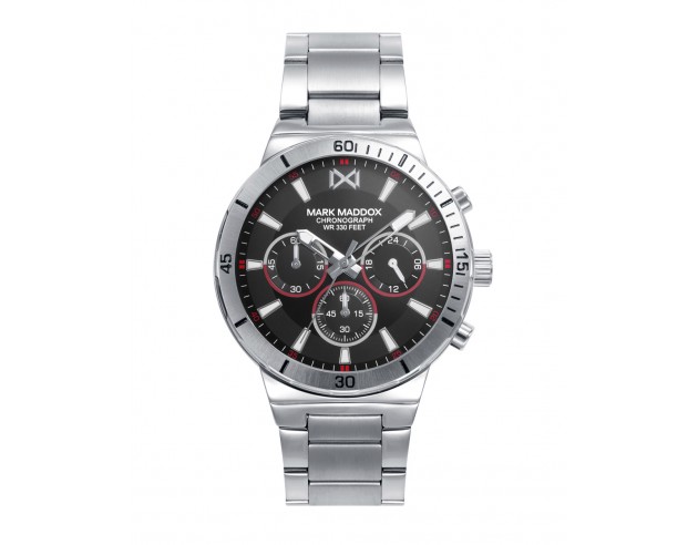 La esfera negra, equipada con contadores igualmente oscuros, resalta los bordes bicolor en rojo y blanco de este reloj, añadien