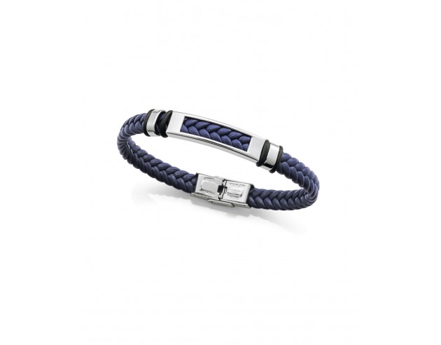 Refuerza tu estilo con esta pulsera de hombre que combina la resistencia del acero con la suavidad y frescura de la piel azul.