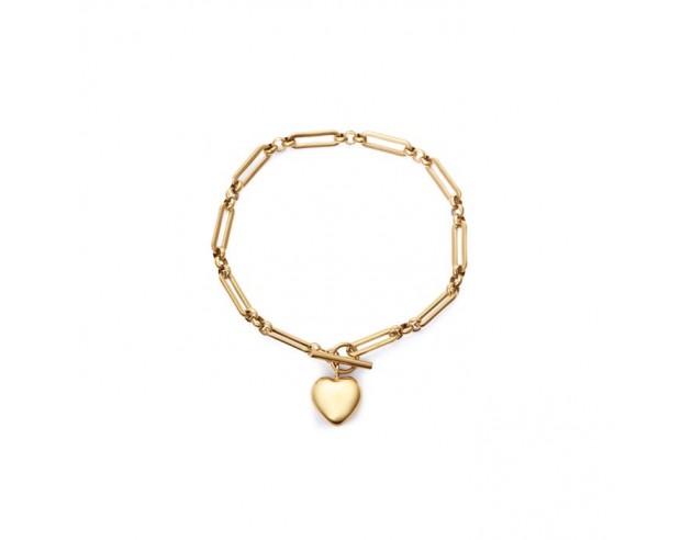 Una pulsera para mujer creada en resistente acero bañado en oro, y adornada con un corazón, un detalle femenino y lleno de enca