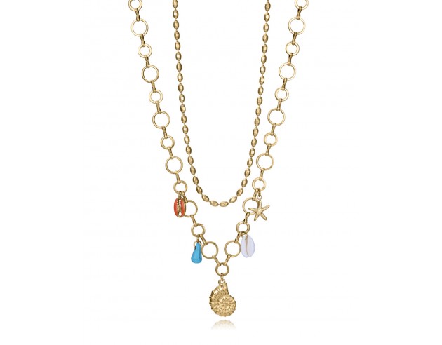 Añade un toque de frescura y elegancia a tu look con este collar de mujer en acero IP dorado, adornado con colgantes de concha 