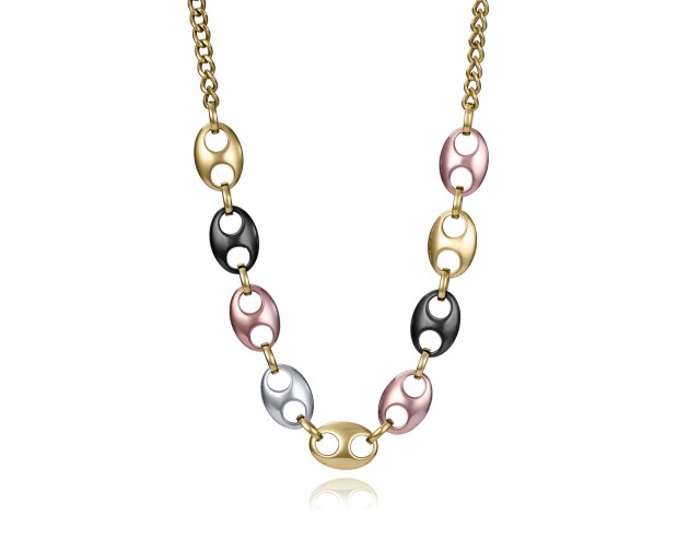 Collar de mujer en acero tipo calabrote con acabados en IP dorado, negro y rosa ofrece un diseño único y vibrante. Su combinaci