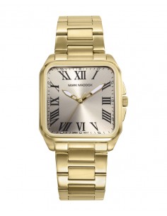 Brillante y elegante, este reloj de hombre combina una caja y brazalete de acero con baño Ip dorado con una esfera dorada marca