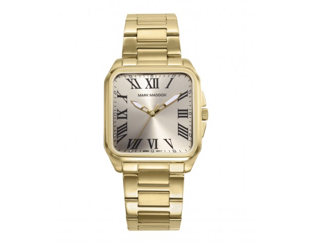 Brillante y elegante, este reloj de hombre combina una caja y brazalete de acero con baño Ip dorado con una esfera dorada marca