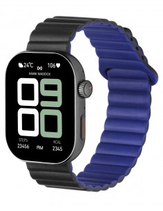 Reloj smart que une tecnología y elegancia en un diseño totalmente negro con caja metálica y correa de silicona. Su pantalla tá