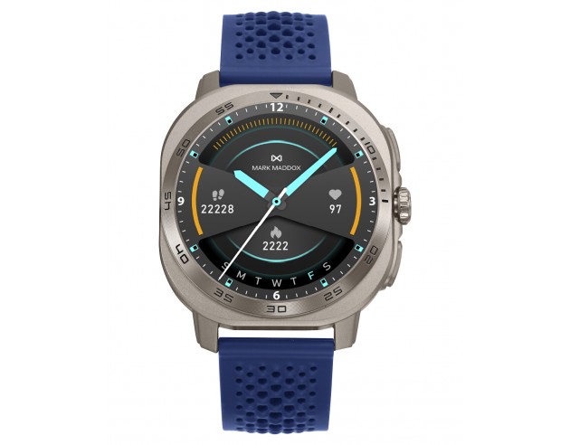 Reloj smart con caja metálica plateada y correa de silicona azul que combina tecnología, confort y estilo. Su pantalla táctil p