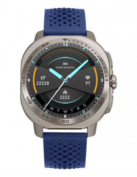 Reloj smart con caja metálica plateada y correa de silicona azul que combina tecnología, confort y estilo. Su pantalla táctil p