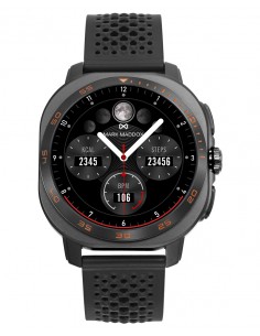 Reloj smart con caja metálica negra y correa de silicona a juego que refleja un estilo moderno y elegante. Su pantalla táctil o