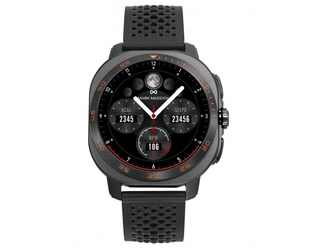Reloj smart con caja metálica negra y correa de silicona a juego que refleja un estilo moderno y elegante. Su pantalla táctil o