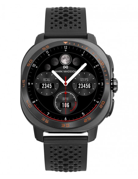 Reloj smart con caja metálica negra y correa de silicona a juego que refleja un estilo moderno y elegante. Su pantalla táctil o