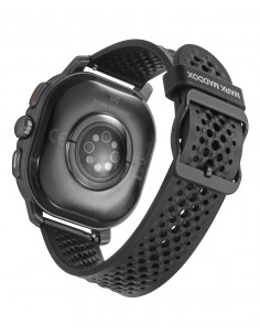 Reloj smart con caja metálica negra y correa de silicona a juego que refleja un estilo moderno y elegante. Su pantalla táctil o 2