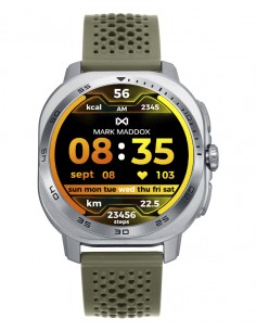Reloj smart con caja metálica en tonos plateado y negro y correa de silicona verde que destaca por su diseño atrevido y contemp