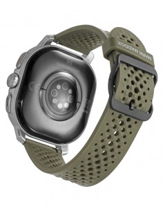 Reloj smart con caja metálica en tonos plateado y negro y correa de silicona verde que destaca por su diseño atrevido y contemp 2
