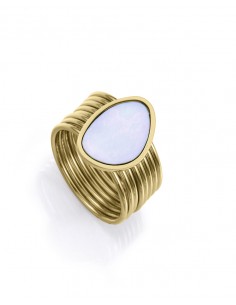 Un anillo que combina modernidad y elegancia en un diseño único. Fabricado en acero con un acabado IP dorado, presenta un diseñ