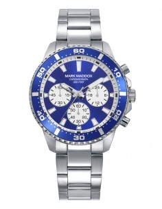 Reloj de hombre cronógrafo con una estética deportiva y actual. Presenta caja de acero, bisel de aluminio azul y esfera azul co