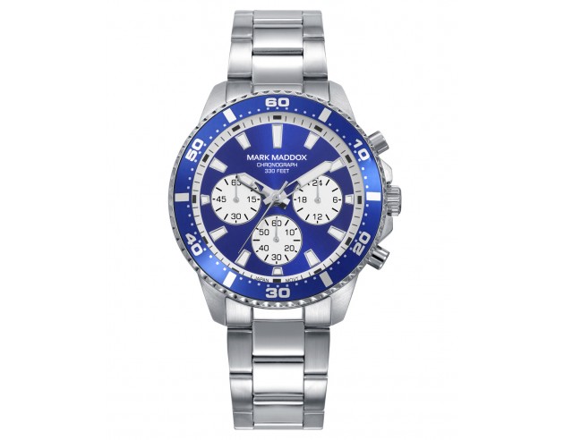 Reloj de hombre cronógrafo con una estética deportiva y actual. Presenta caja de acero, bisel de aluminio azul y esfera azul co