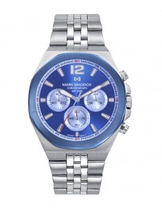 Reloj de hombre cronógrafo con caja de acero y bisel IP azul, de diseño actual y presencia urbana. Su esfera azul aporta un aca