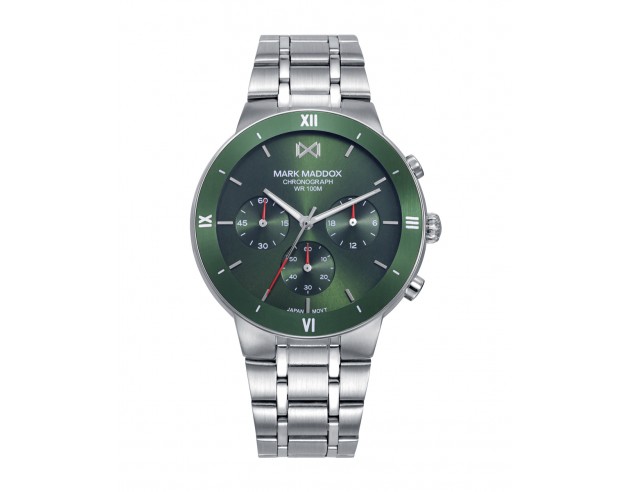 Reloj de hombre cronógrafo con caja de acero y bisel de aluminio en verde, una combinación fresca y contemporánea que aporta pe