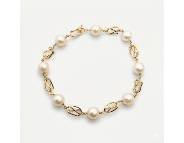 Pulsera Oro Jaulas y Bolas Perla