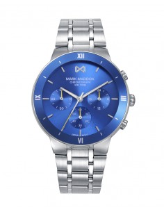 Reloj de hombre cronógrafo con diseño contemporáneo y carácter urbano. Presenta caja de acero con bisel de aluminio azul, esfer