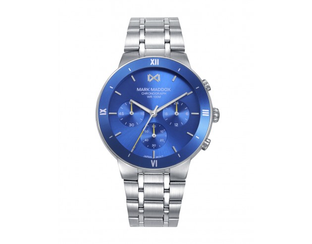 Reloj de hombre cronógrafo con diseño contemporáneo y carácter urbano. Presenta caja de acero con bisel de aluminio azul, esfer