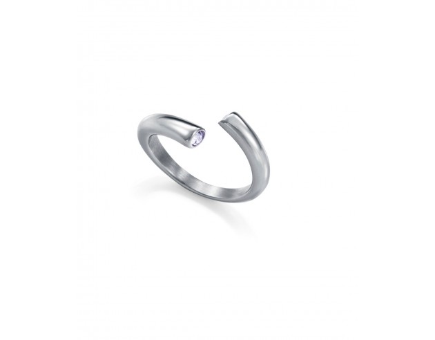 Anillo de mujer de acero con un diseño delicado y actual, adornado con ciconitas blancas en los extremos que aportan un brillo 