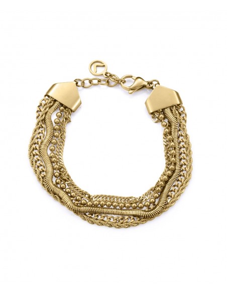 Pulsera de mujer en acero con acabado IP dorado y diseño de múltiples cadenas, una propuesta elegante que aporta luz y sofistic