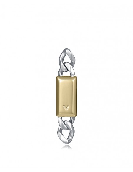 Este pendiente único de acero con cadena y placa en IP dorado combina un diseño actual con una estética limpia y distintiva.