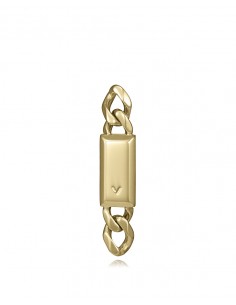 Este pendiente único de acero IP dorado con cadena y placa aporta una imagen luminosa, actual y de gran personalidad. 