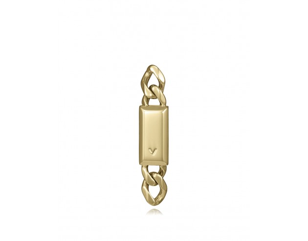 Este pendiente único de acero IP dorado con cadena y placa aporta una imagen luminosa, actual y de gran personalidad. 
