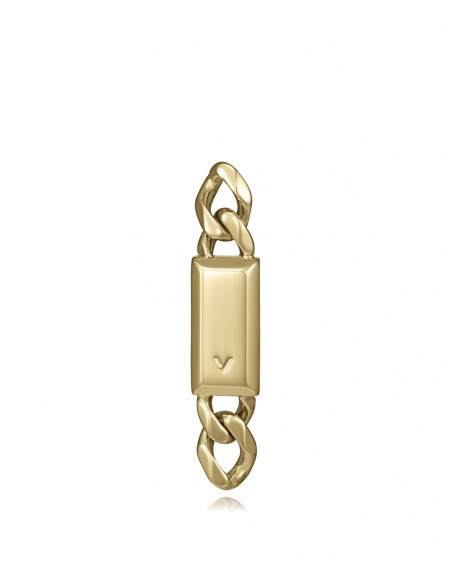 Este pendiente único de acero IP dorado con cadena y placa aporta una imagen luminosa, actual y de gran personalidad. 