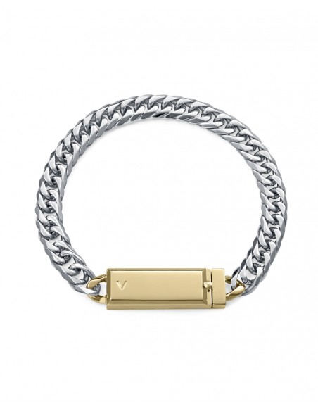 Pulsera de acero con cadena de eslabones y placa central con baño IP dorado, una propuesta de estilo actual y elegante inspirad