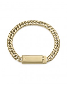 Pulsera de acero IP dorado con cadena y placa, una pieza de líneas limpias que aporta carácter y sofisticación al look. 