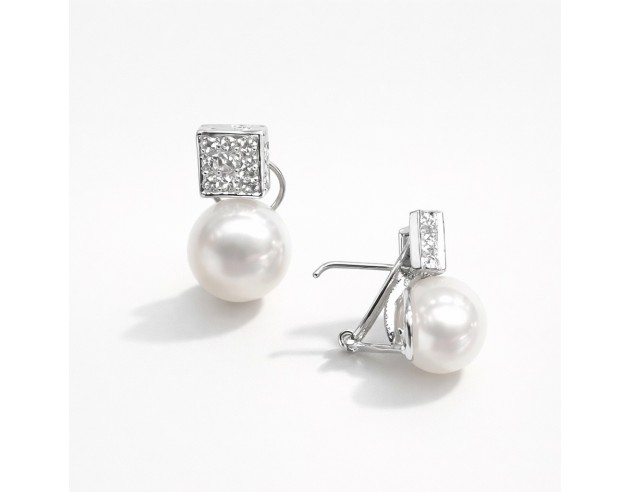Pendientes Oro Blanco Cuadrado Perla