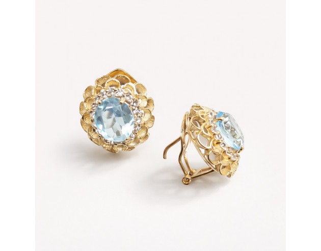 Pendientes Oro Roseta Circonita Azul