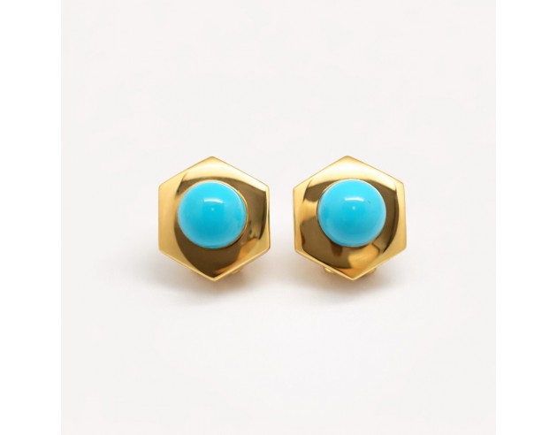 Pendientes Oro Hexágono Turquesa Bola