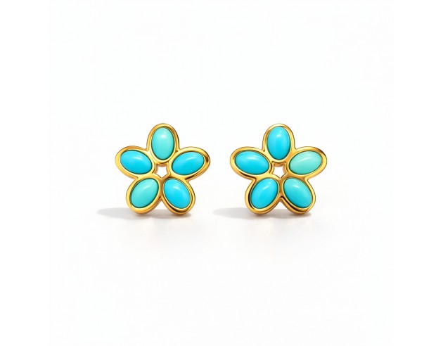 Pendientes Oro Flor Cinco Turquesas