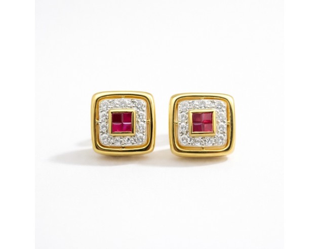 Pendientes Oro Cuadrados Rubies y...