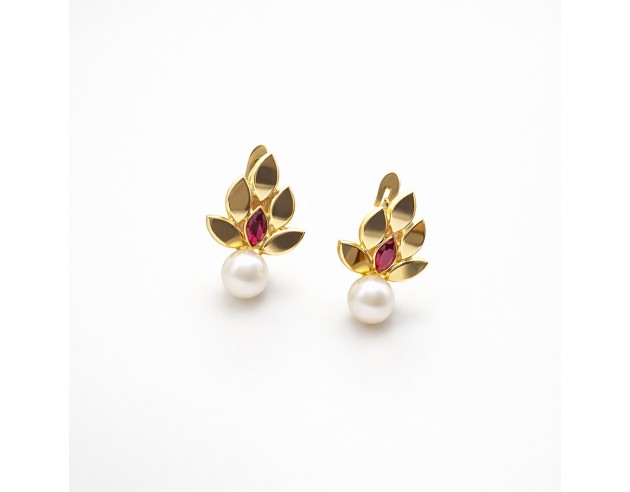 Pendientes Oro Hojas Rubi y Perla