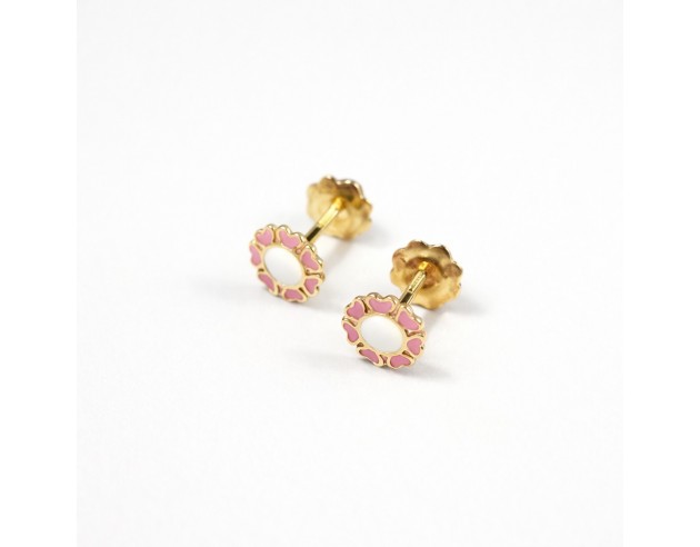 Pendientes Oro Flor Esmalte Rosa